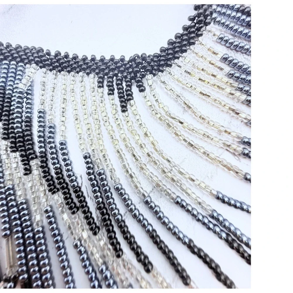 Black Blue Glass Beaded Fringe Bib Statement Necklace 19 Inch Toggle